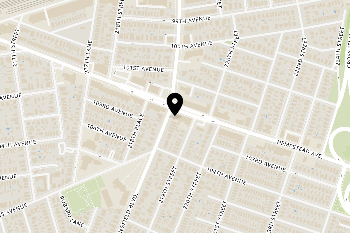 Map showing the location of Halal Bros Grill Queens Village on 218-74 Hempstead Ave in Queens Village